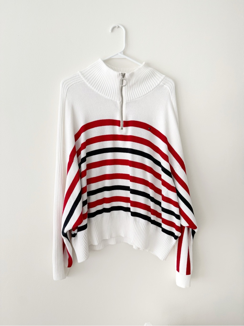 Tommy Hilfiger White Zip-Neck Sweater with Red & Black Stripes Large NWT